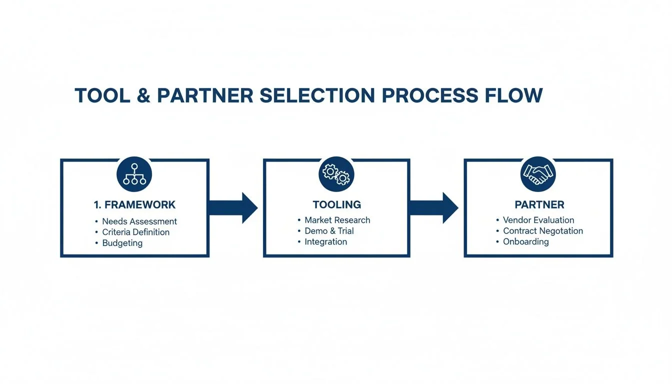 A process flow diagram for tool and partner selection, detailing framework, tooling, and partner stages.