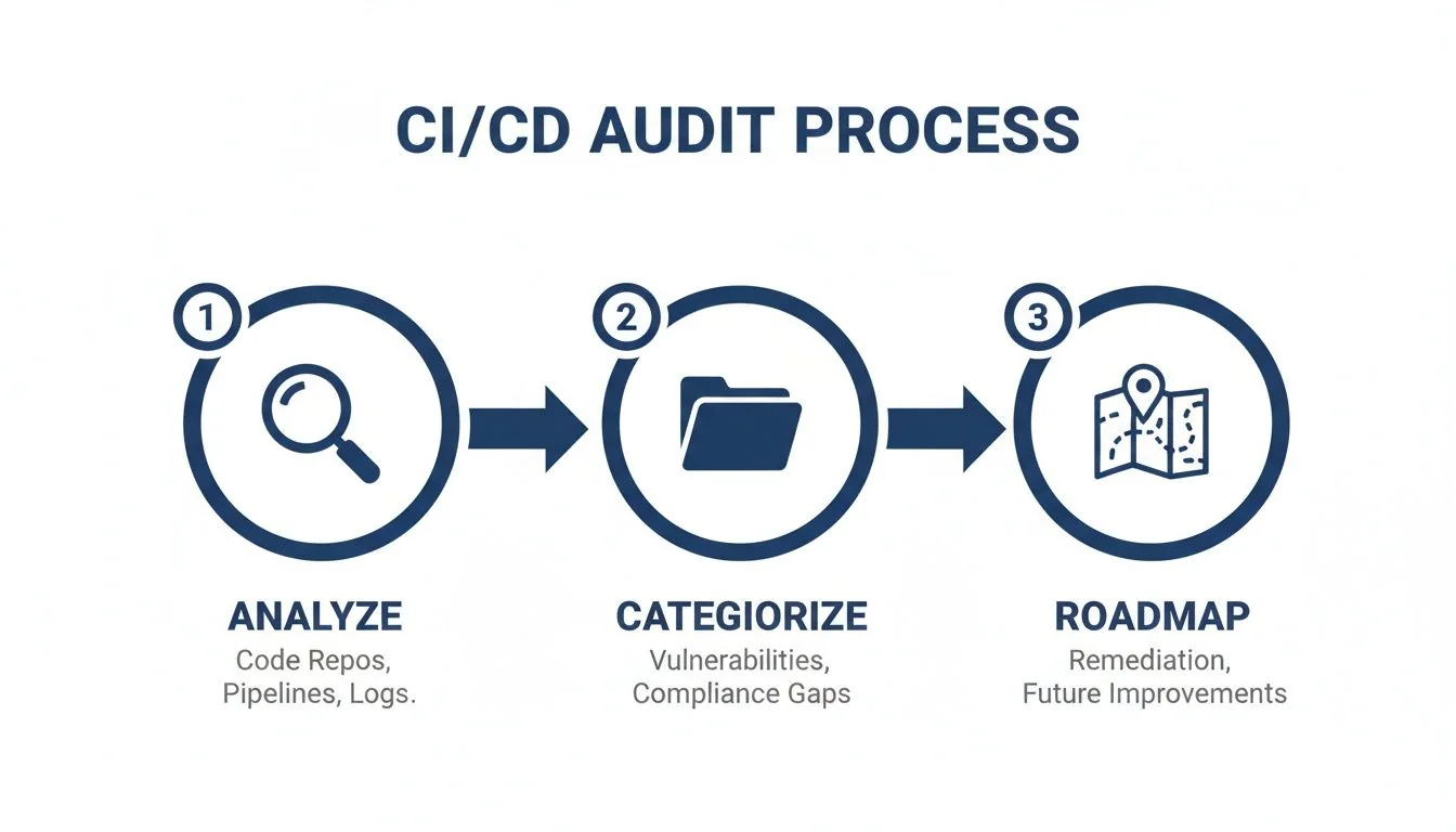 Diagram illustrating the CI/CD audit process with three key steps: Analyze, Categorize, and Roadmap.