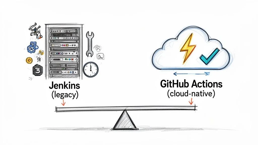 A seesaw balances Jenkins (legacy, server rack) against GitHub Actions (cloud-native, cloud icon) for migration.