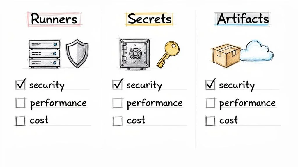 Diagram highlighting security as a primary concern for Runners, Secrets, and Artifacts, with security checked.