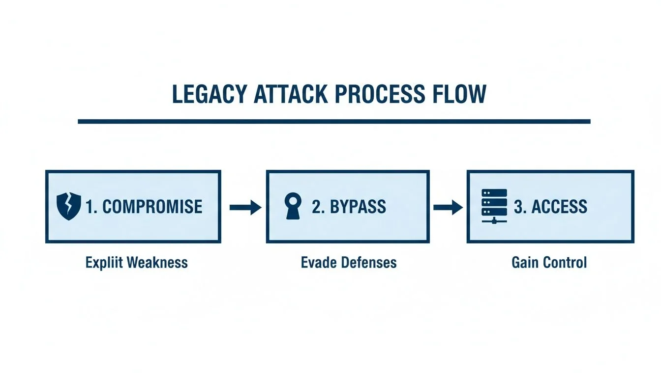 Diagram illustrating the legacy attack process flow: compromise, bypass, and access.