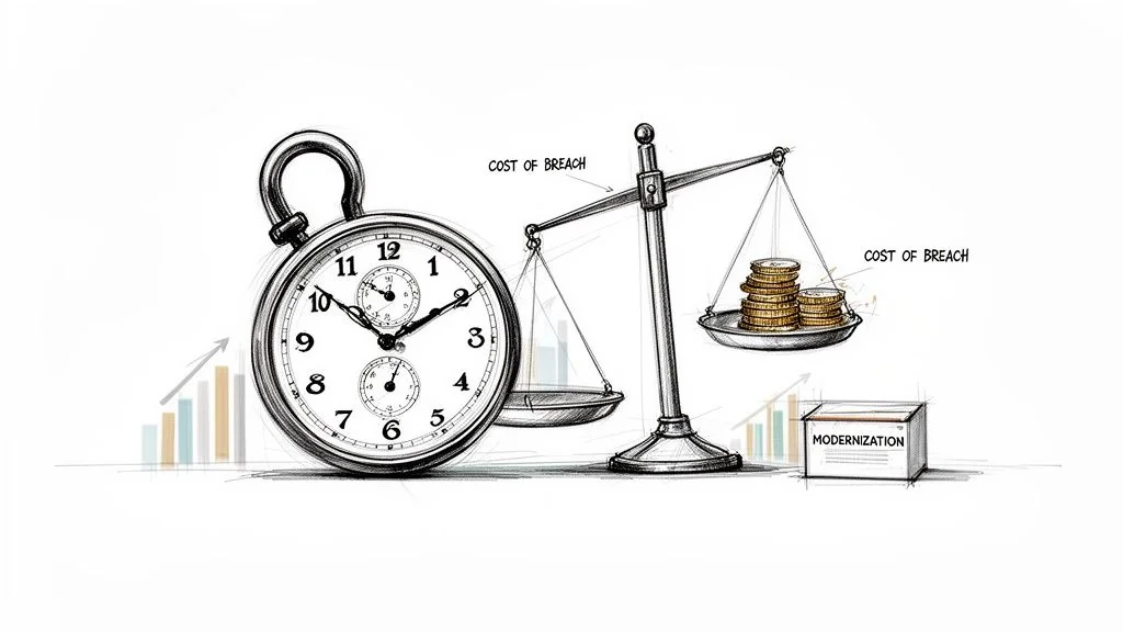 Sketch comparing the cost of a data breach with modernization, featuring a scale, coins, and a clock.