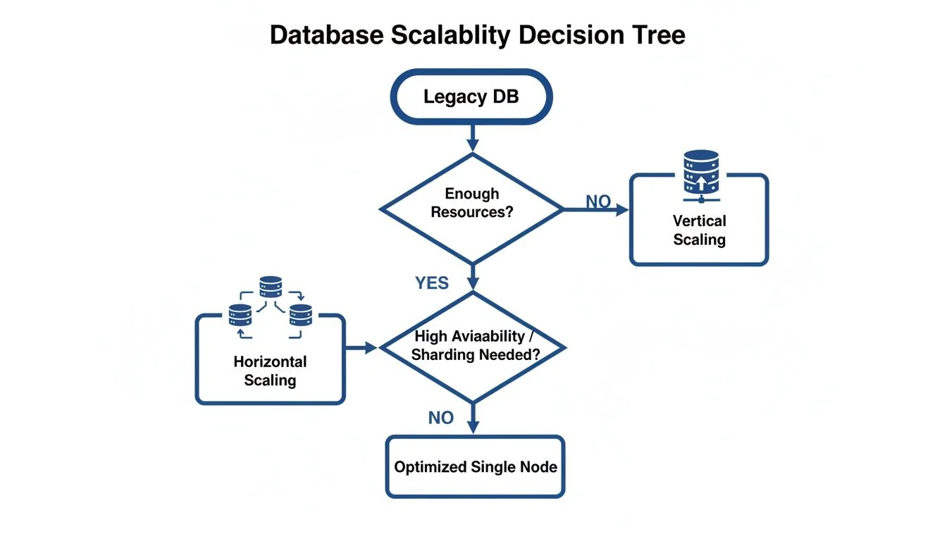 Database scalability decision tree shows options: vertical, horizontal scaling or optimized single node.