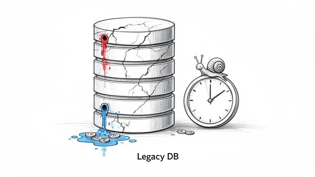 A cracked legacy database leaks red and blue fluid with coins, next to a snail on a clock, symbolizing slow performance and loss.