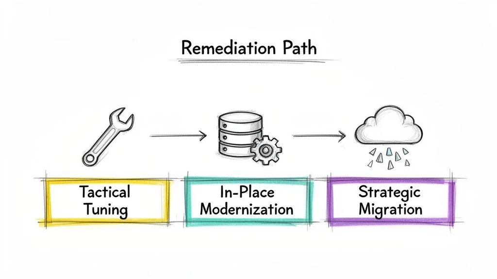 A visual remediation path showing tactical tuning, in-place modernization, and strategic cloud migration steps.