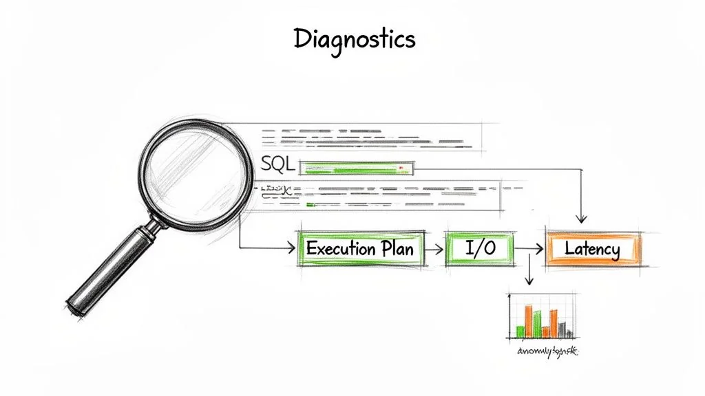 Diagram showing SQL performance diagnostics, from magnifying glass examining code to execution plan, I/O, latency, and anomaly detection.