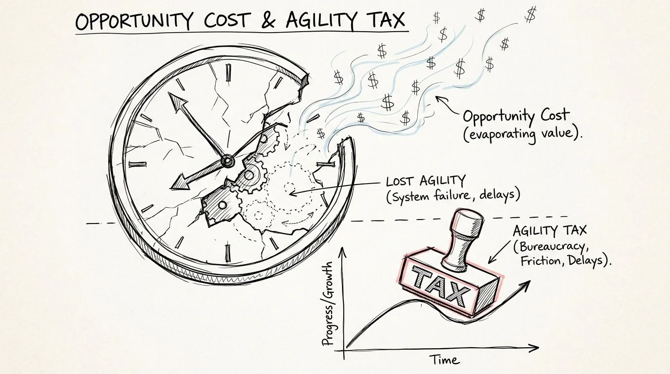 A hand-drawn illustration depicting a broken clock representing lost agility and a stamp labeled tax representing organizational friction.