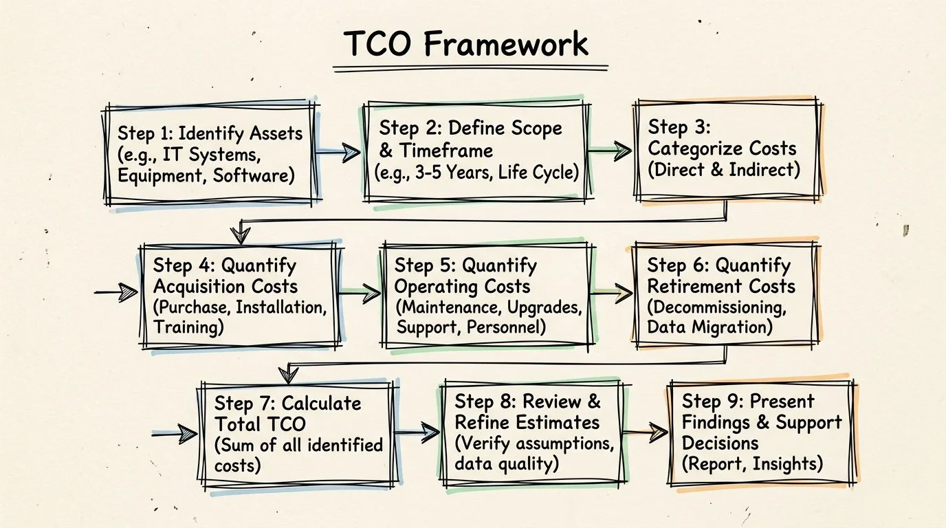 A flowchart diagram illustrating the nine steps of the Total Cost of Ownership (TCO) framework process.