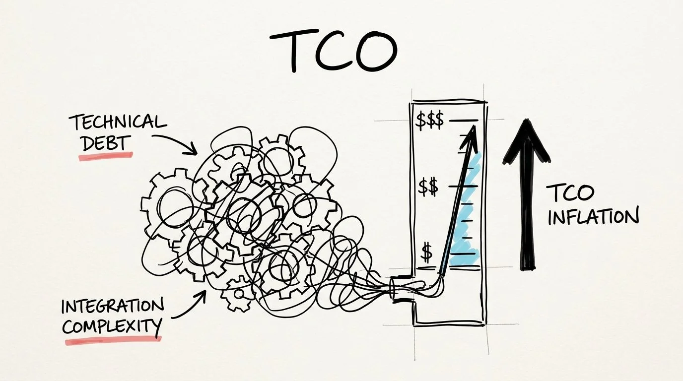 A hand-drawn sketch illustrating how technical debt and integration complexity contribute to rising total cost of ownership.