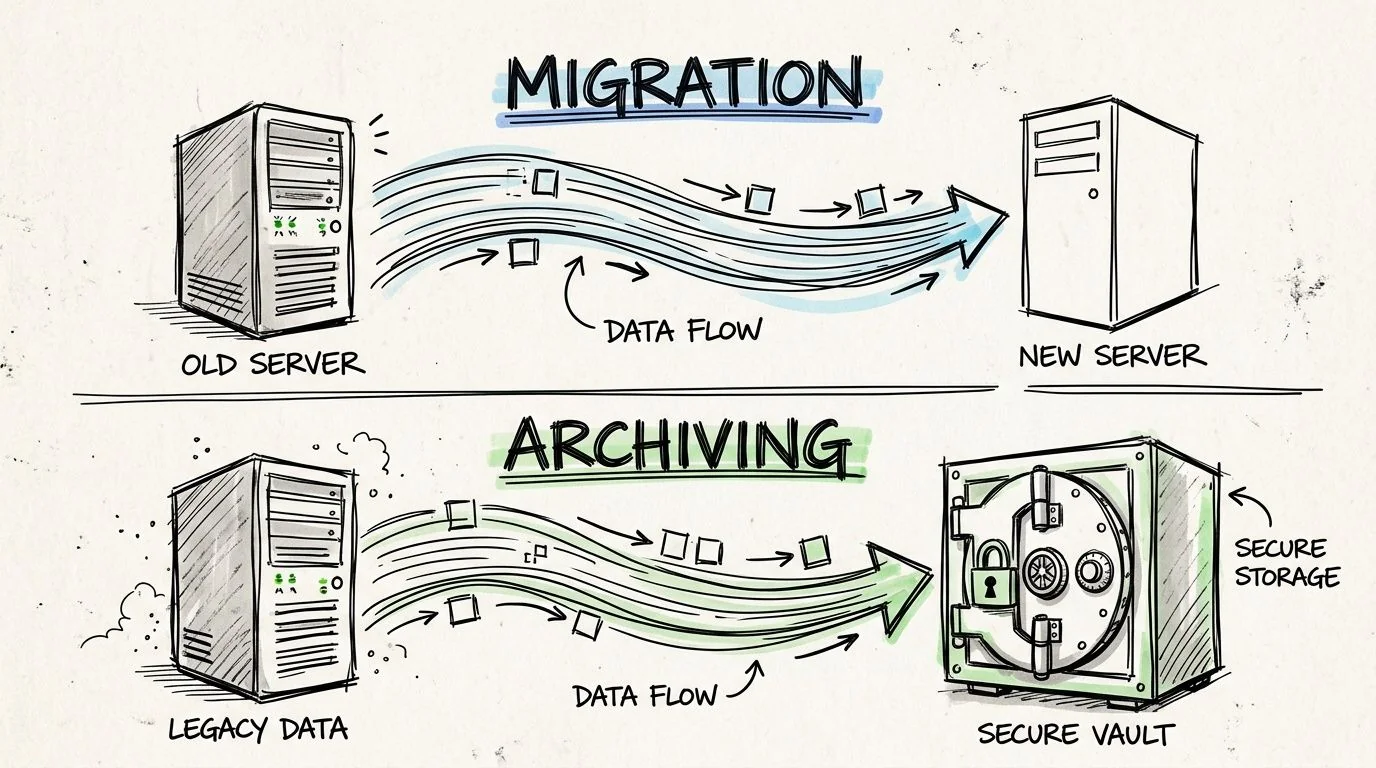 A diagram comparing data migration to a new server and archiving data into a secure vault.