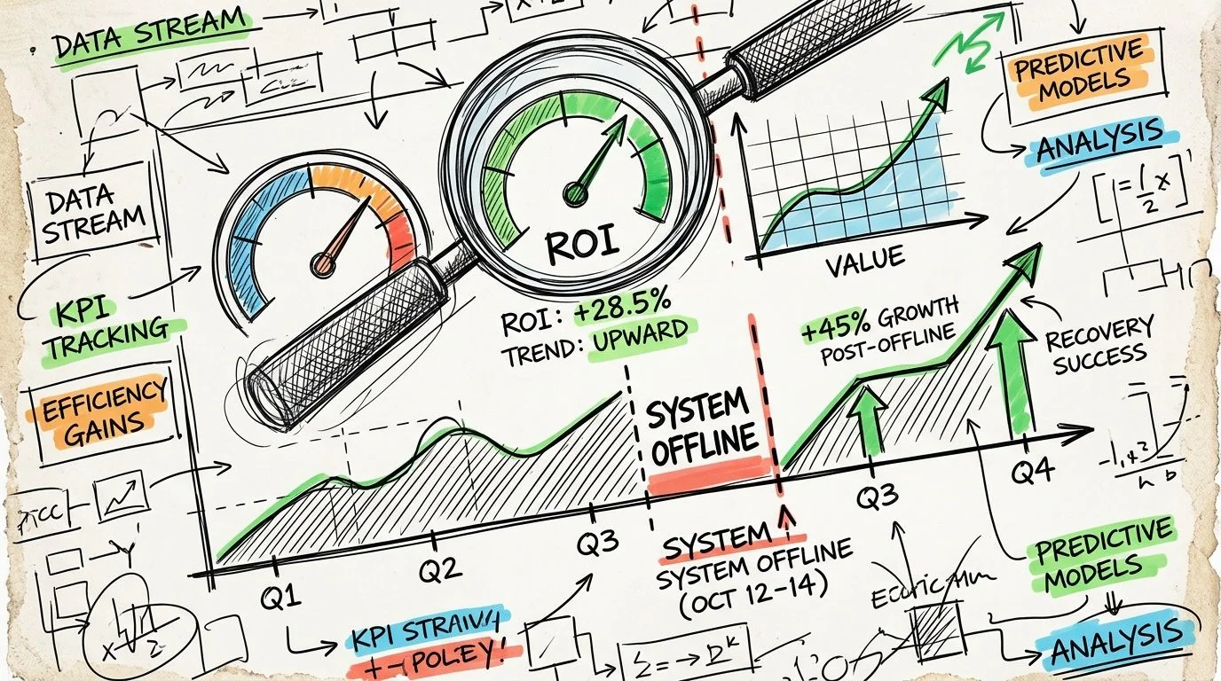 A hand-drawn business chart showing ROI metrics, data streams, and recovery after a system offline event.
