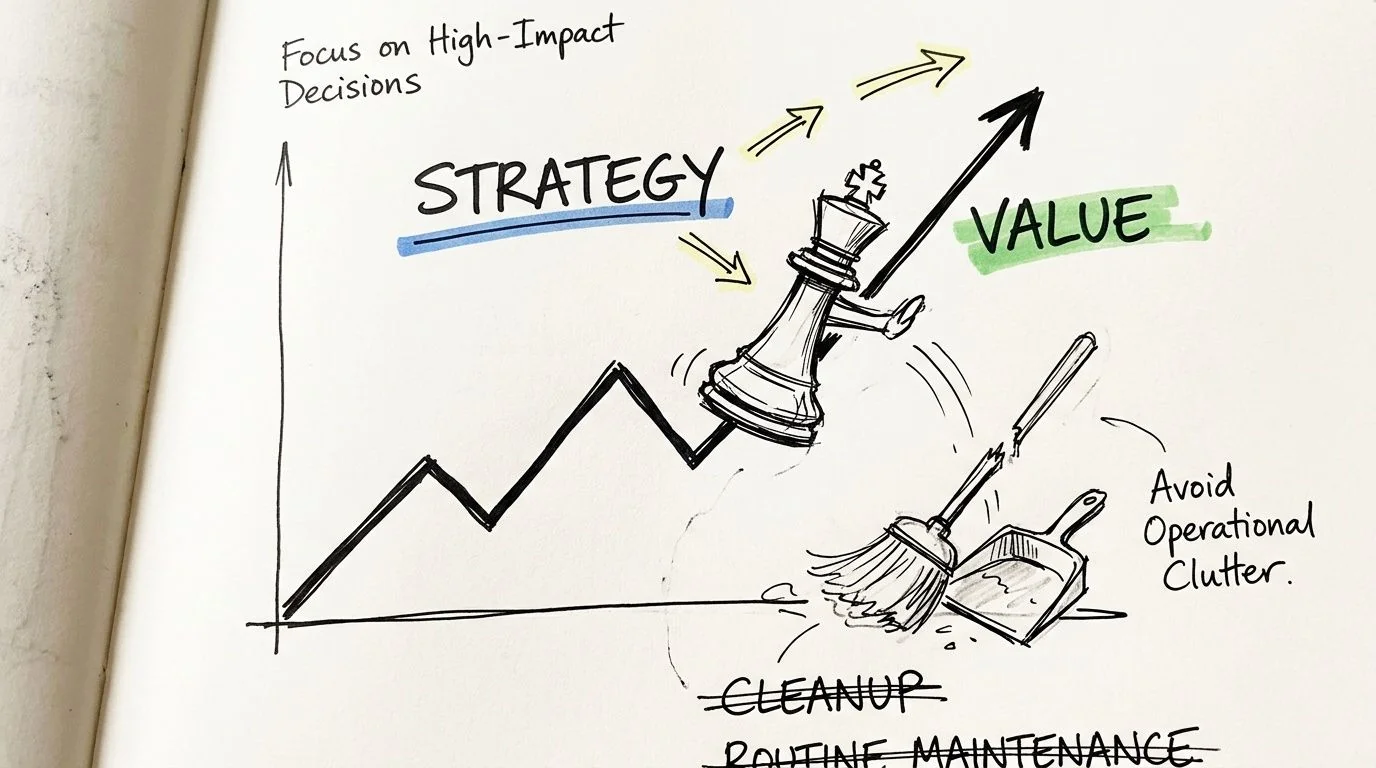 A hand-drawn illustration showing a chess piece representing strategy rising above broken cleaning tools and clutter.