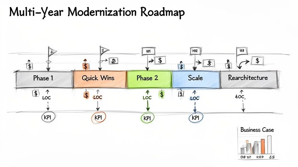 A multi-year modernization roadmap diagram showing phases like Quick Wins, Scale, and Rearchitecture with costs and KPIs.