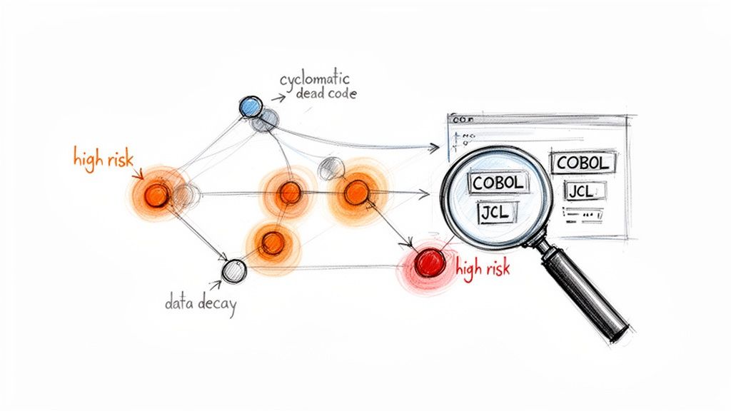 Diagram showing mainframe code assessment, identifying high-risk areas like cyclomatic dead code and data decay in COBOL/JCL.
