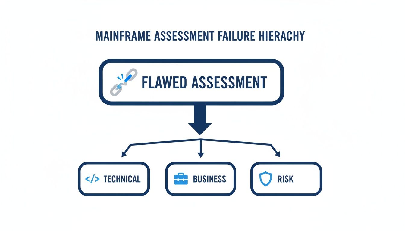 A diagram illustrates how a flawed mainframe assessment can lead to technical, business, and risk failures.