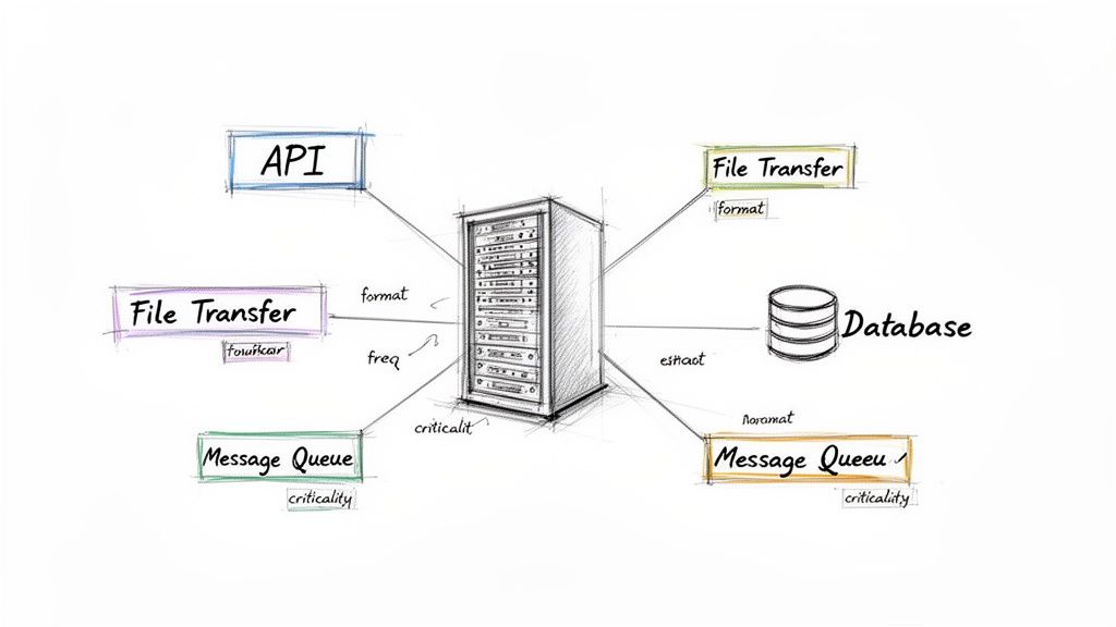 Hand-drawn system architecture diagram showing a server rack connected to APIs, file transfers, message queues, and a database.