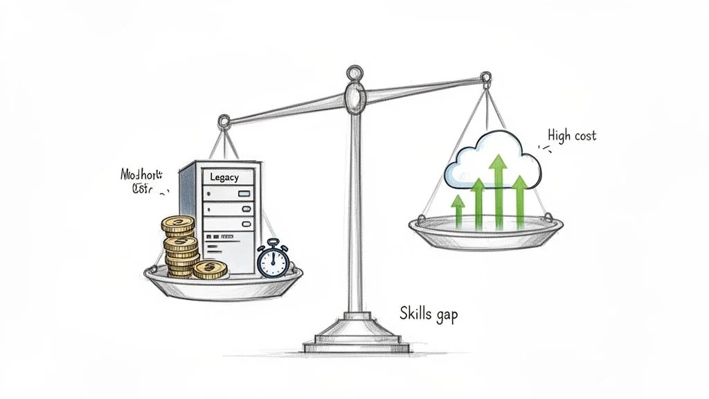 A scale balancing legacy server costs and cloud migration challenges like high cost and skills gap.