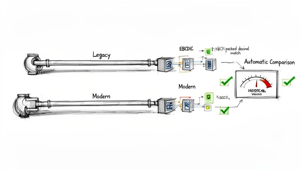 A sketch comparing legacy EBCDIC data flow with modern ASCII data flow and automatic validation.