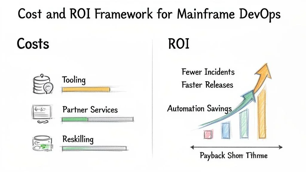 A framework illustrating costs (tooling, partner services, reskilling) and ROI (fewer incidents, faster releases, automation savings) for Mainframe DevOps.