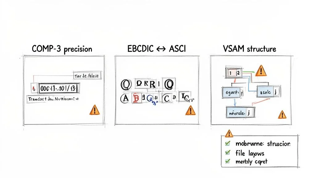 Hand-drawn technical diagrams illustrating mainframe concepts like COMP-3, EBCDIC, ASCII, VSAM structure, and a checklist.