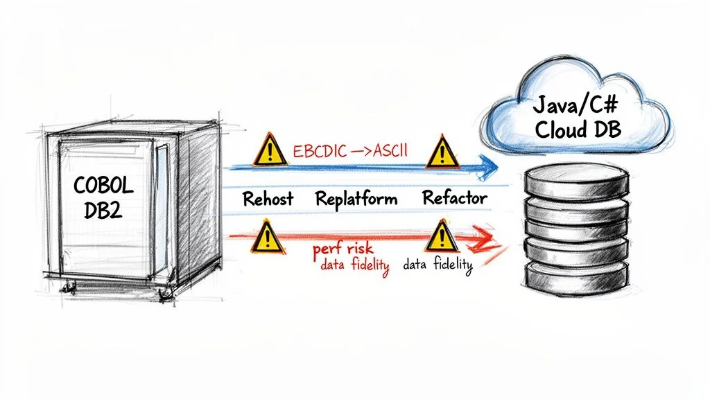 Diagram illustrating migration from COBOL DB2 mainframe to a Java/C# Cloud DB, highlighting risks.