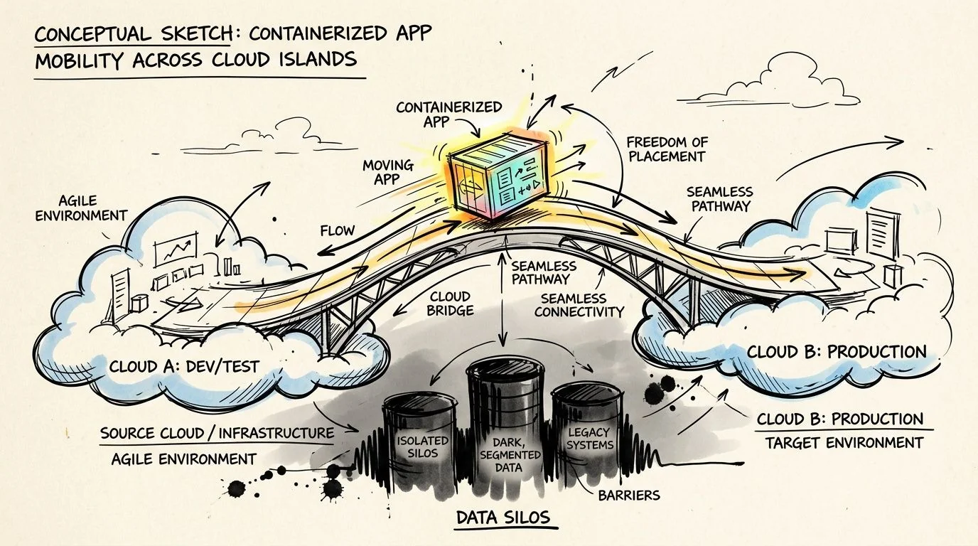 A conceptual sketch showing a containerized application moving across a bridge between two cloud computing environments.