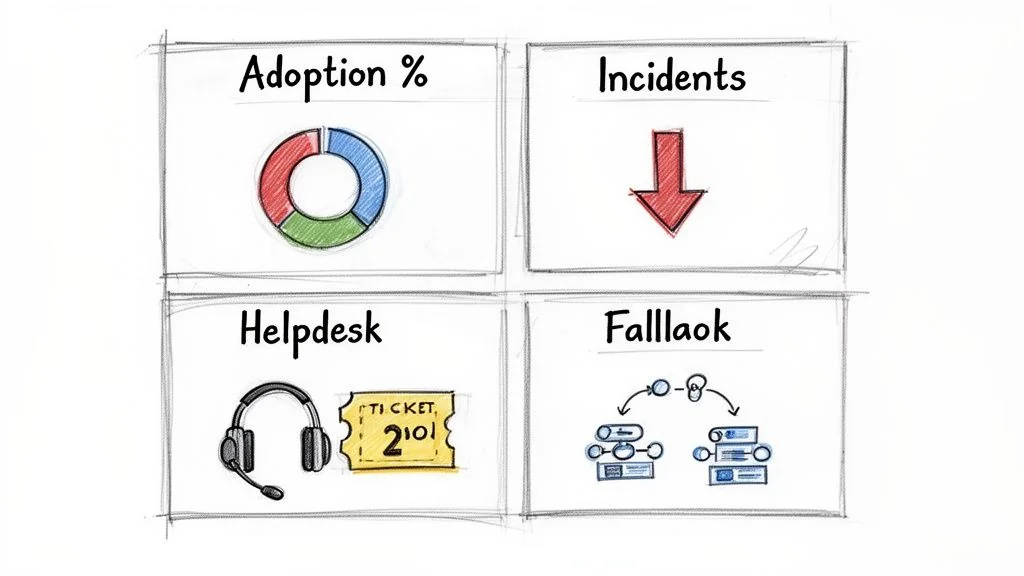 A hand-drawn sketch dashboard with four panels: adoption percentage, incidents decreasing, helpdesk, and a process flow.