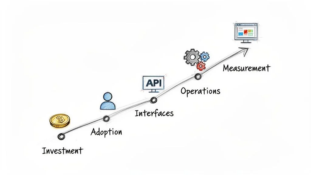An upward trending line chart showing the stages of a process: Investment, Adoption, Interfaces, Operations, and Measurement.