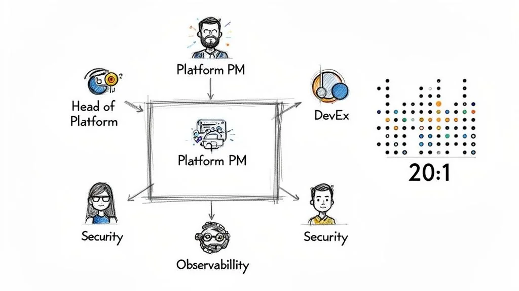 A diagram outlining a platform engineering team structure with roles like PM, Head, DevEx, Security, Observability, and a 20:1 ratio.