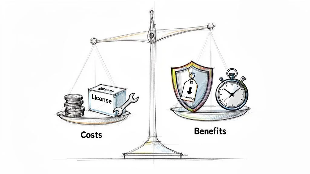 Balance scale showing costs (money, license, maintenance) against benefits (security, insurance, time savings).