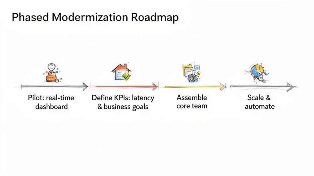 Phased modernization roadmap showing steps: pilot real-time dashboards, define KPIs, assemble core team, and scale automation.