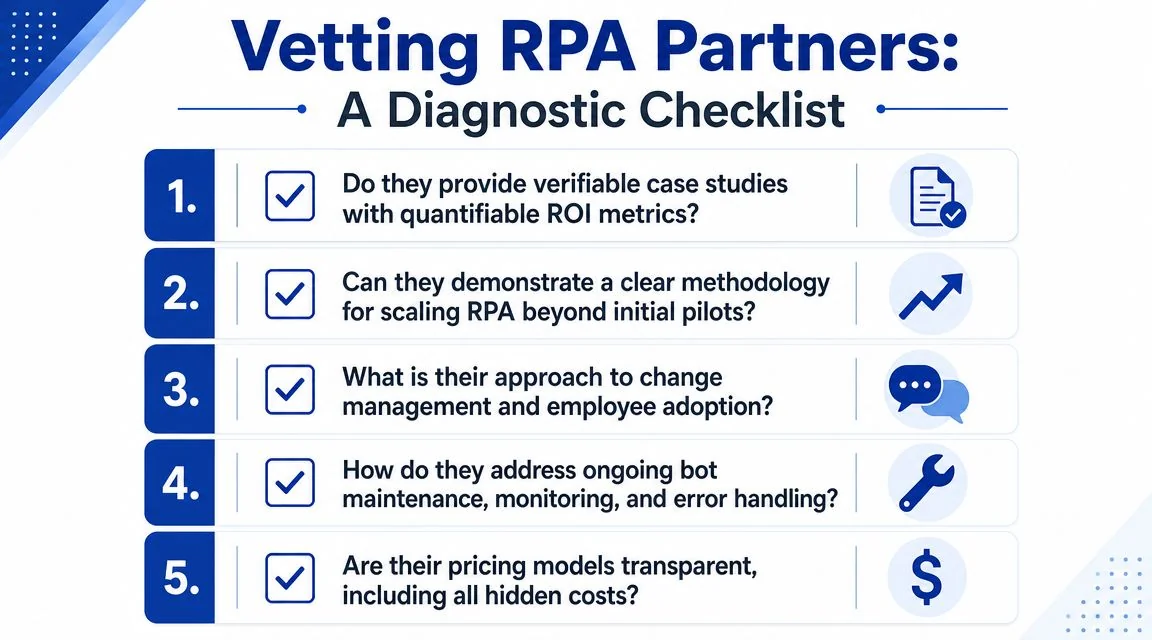 A diagnostic checklist for vetting RPA partners listing five key evaluation criteria for businesses.