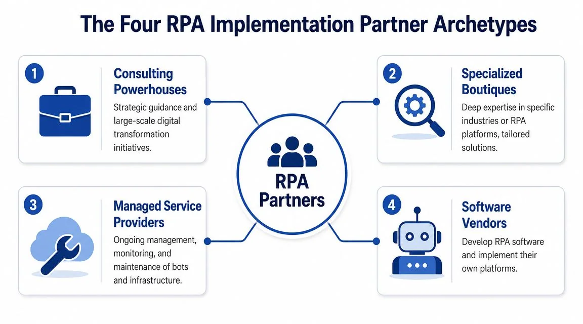 A diagram illustrating the four distinct archetypes of robotic process automation implementation partners in business.