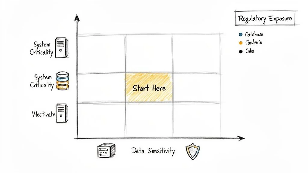 A 3x3 matrix illustrating system criticality versus data sensitivity, with a 'Start Here' cell highlighted. It's a security assessment framework.