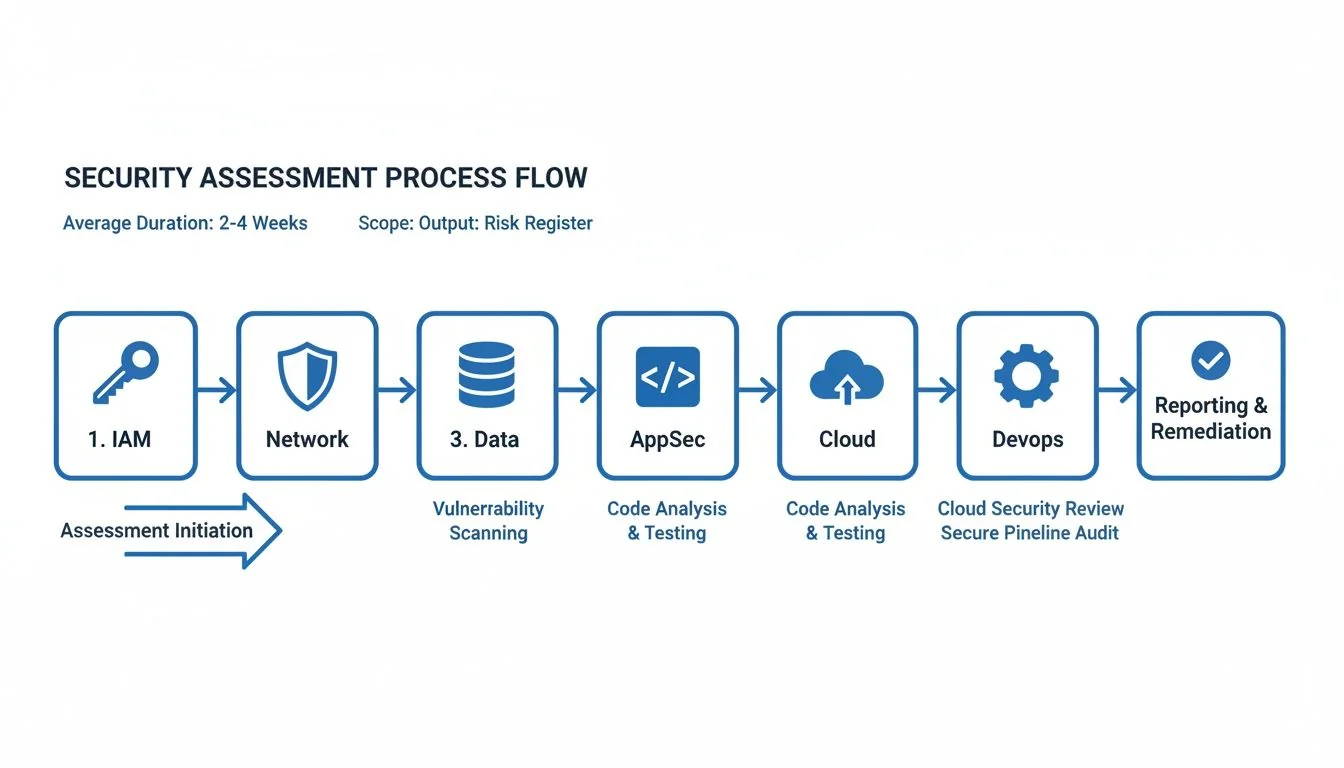 Flowchart illustrating a security assessment process covering IAM, Network, Data, AppSec, Cloud, DevOps, and reporting, aiming for a risk register.