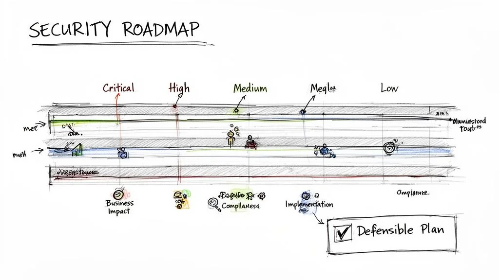 Hand-drawn security roadmap visualizing risks, compliance, implementation, and a defensible plan across critical to low impact levels.