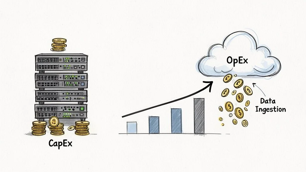 Visualizing the shift from CapEx hardware to OpEx cloud computing with data ingestion costs.