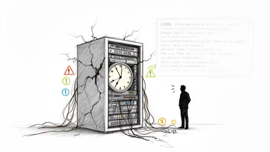 Illustration of a decaying server rack with a clock and disconnected cables, watched by a man, symbolizing outdated technology.