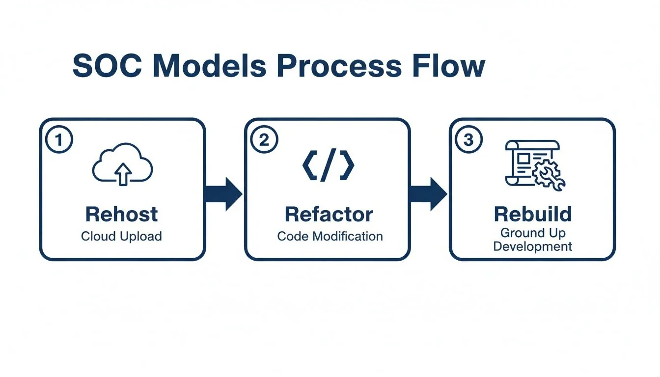 A flow chart illustrating the SOC Models Process Flow, detailing Rehost, Refactor, and Rebuild steps.