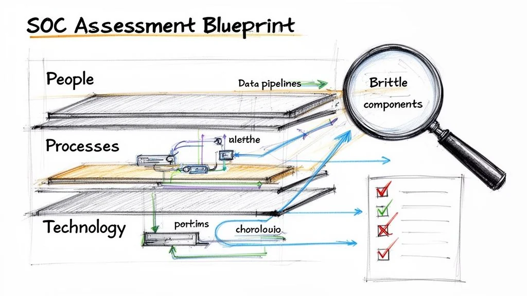 Blueprint for SOC Assessment, detailing layers of people, processes, technology, data pipelines, brittle components, and a checklist.