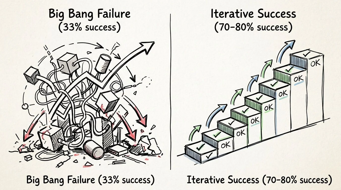 A comparison illustration showing a chaotic, unsuccessful big bang approach versus a structured, successful iterative development process.