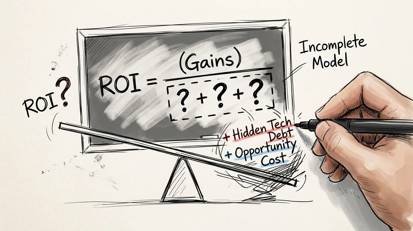 A hand drawing a diagram questioning ROI by adding hidden tech debt and opportunity cost factors.