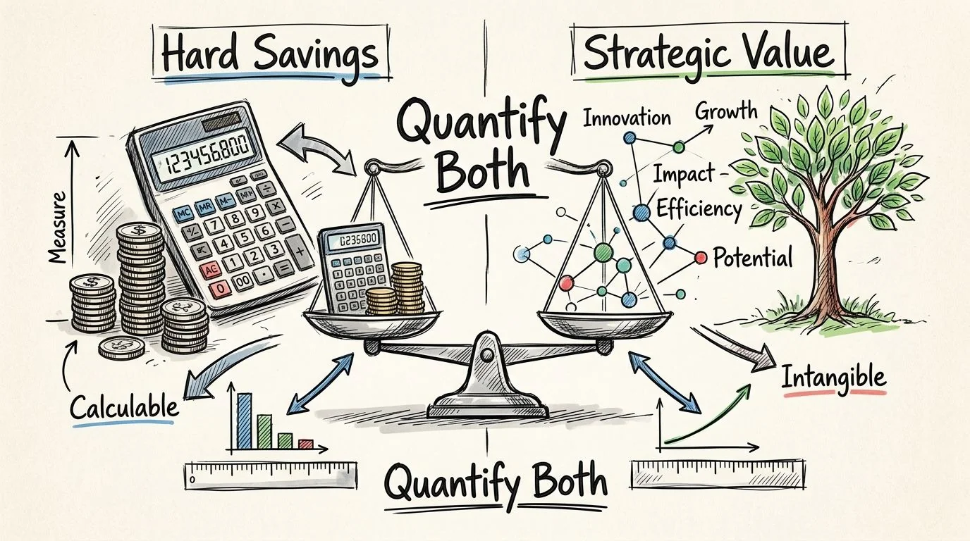 A conceptual diagram illustrating the balance between hard savings, shown with calculators and coins, and strategic value, represented by a growing tree and network nodes.
