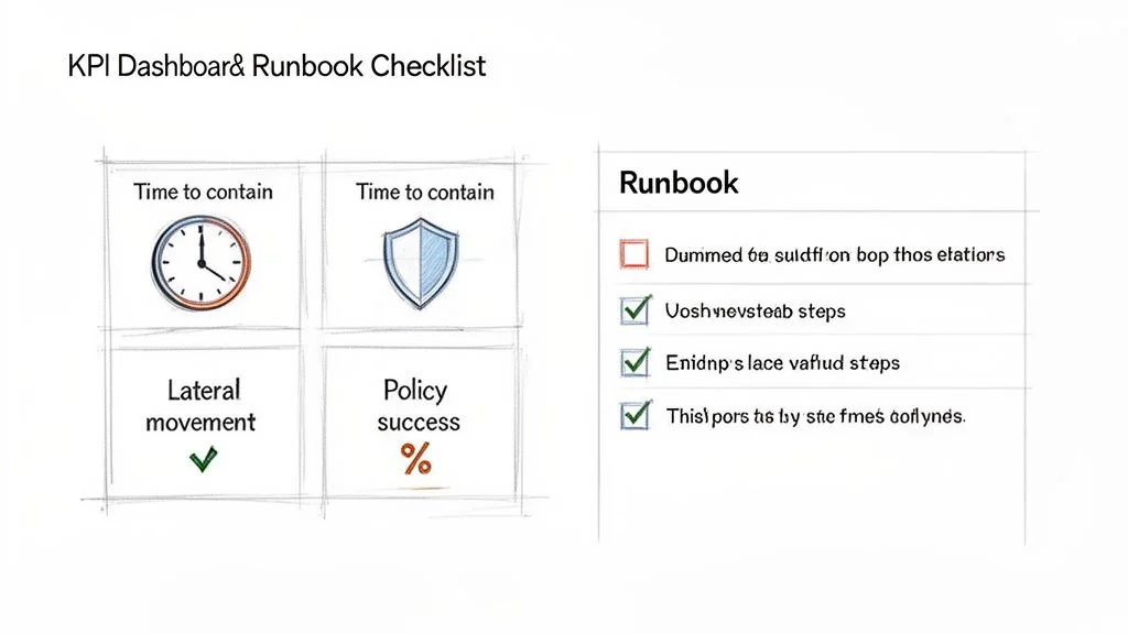 A KPI dashboard and runbook checklist displaying metrics such as time to contain and policy success.