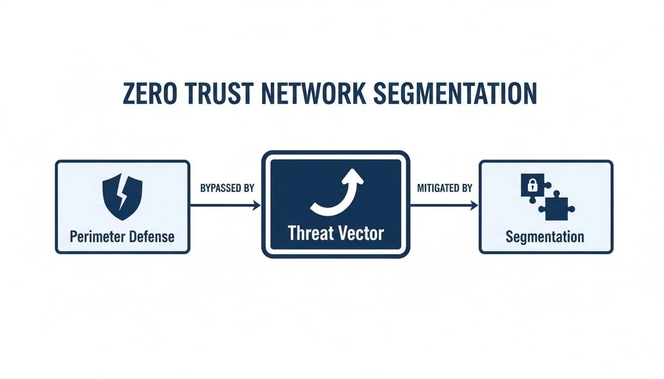 Diagram showing how threat vectors bypass perimeter defense and are mitigated by segmentation in zero trust networks.