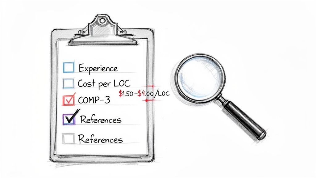 A checklist on a clipboard with 'COMP-3' and 'References' checked, next to a magnifying glass.