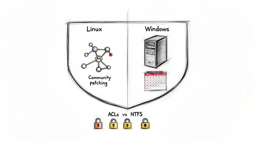 Diagram illustrating key differences between Linux and Windows, focusing on patching and file system security.