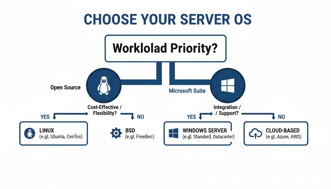 Flowchart guiding the selection of a server operating system based on workload priority, cost, and integration needs.