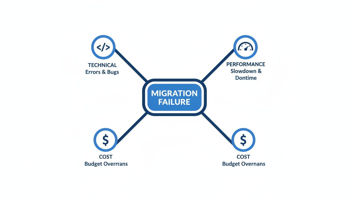 A diagram illustrates the four main consequences of migration failure: technical errors, performance slowdown and downtime, and cost budget overruns.
