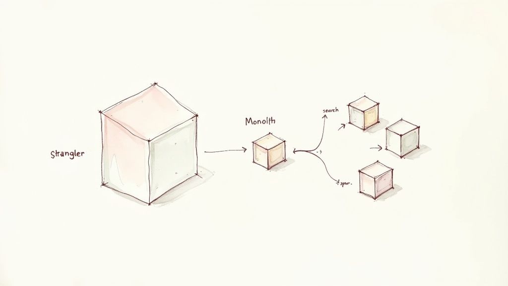 Diagram illustrating the Strangler Fig pattern for migrating a monolithic application to microservices.